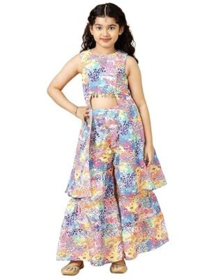 A.T.U.N. (ALL THINGS UBER NICE) Girls Poly Silk Floral Printed 3/4 Sleeve Sharara Set | Traditional Ethnic Wear Clothing Set for Festival and Special Occasions