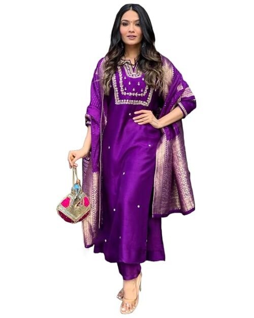 GoSriKi Women’s Silk Blend Straight Embroidered Kurta with Pant & Dupatta