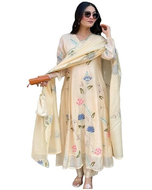 GoSriKi Women’s Elegant Chanderi Cotton Embroidered Anarkali Kurta Set with Dupatta for Women | Light Floral Print Suit for Wedding, Parties & Daily Use